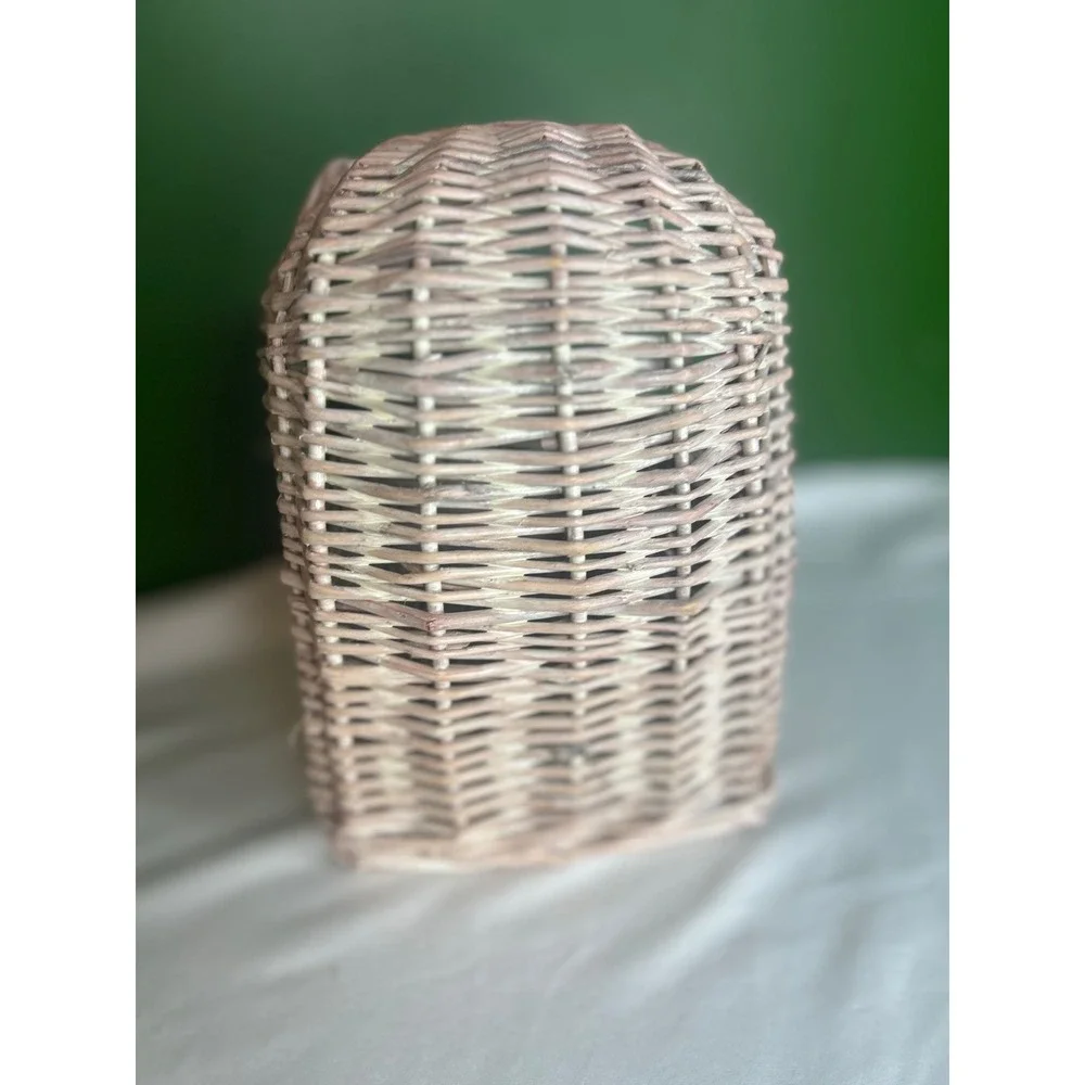 Vintage Wicker Doll Bassinet Basket Hooded Pink Whitewash Nursery Decor Prop